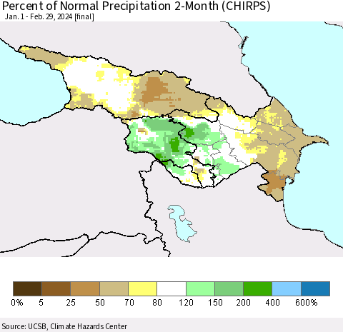 Azerbaijan, Armenia and Georgia Percent of Normal Precipitation 2-Month (CHIRPS) Thematic Map For 1/1/2024 - 2/29/2024