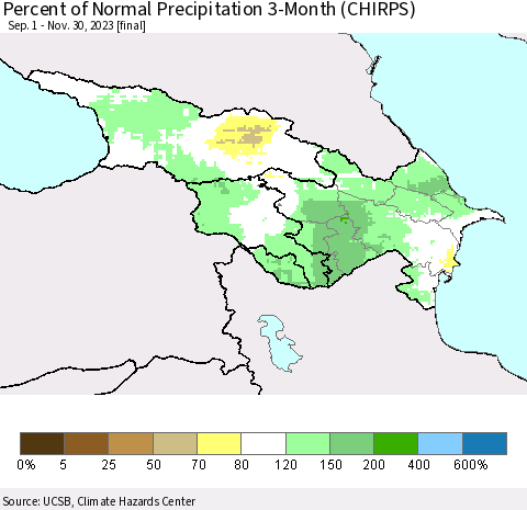 Azerbaijan, Armenia and Georgia Percent of Normal Precipitation 3-Month (CHIRPS) Thematic Map For 9/1/2023 - 11/30/2023