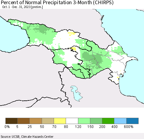 Azerbaijan, Armenia and Georgia Percent of Normal Precipitation 3-Month (CHIRPS) Thematic Map For 10/1/2023 - 12/31/2023