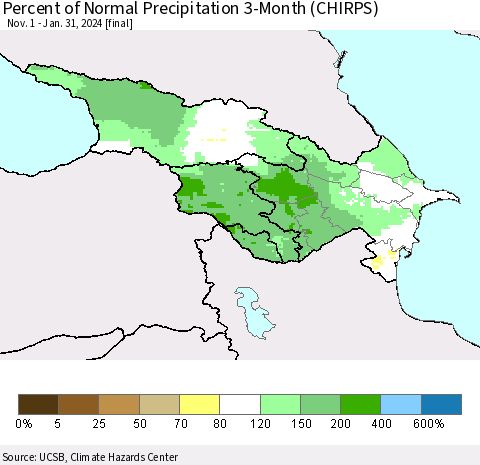 Azerbaijan, Armenia and Georgia Percent of Normal Precipitation 3-Month (CHIRPS) Thematic Map For 11/1/2023 - 1/31/2024