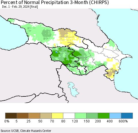 Azerbaijan, Armenia and Georgia Percent of Normal Precipitation 3-Month (CHIRPS) Thematic Map For 12/1/2023 - 2/29/2024
