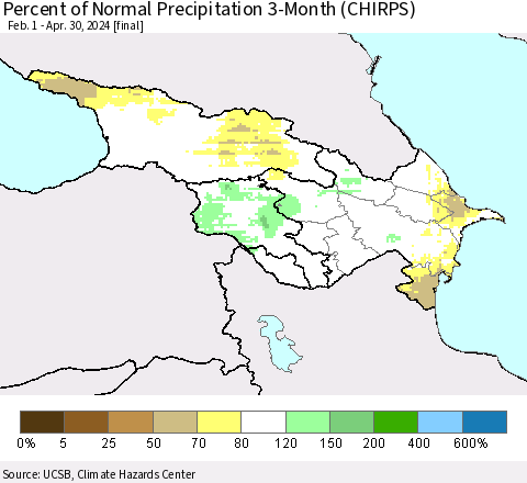 Azerbaijan, Armenia and Georgia Percent of Normal Precipitation 3-Month (CHIRPS) Thematic Map For 2/1/2024 - 4/30/2024