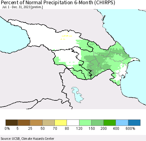 Azerbaijan, Armenia and Georgia Percent of Normal Precipitation 6-Month (CHIRPS) Thematic Map For 7/1/2023 - 12/31/2023