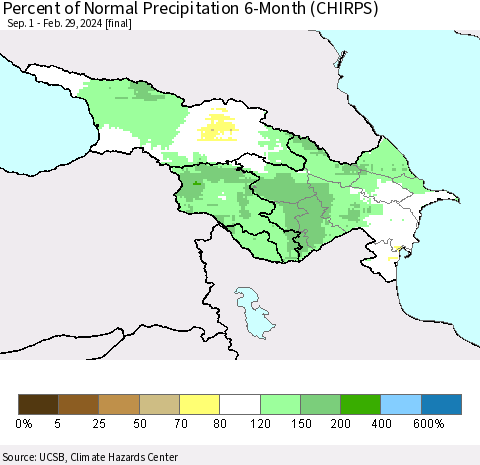 Azerbaijan, Armenia and Georgia Percent of Normal Precipitation 6-Month (CHIRPS) Thematic Map For 9/1/2023 - 2/29/2024