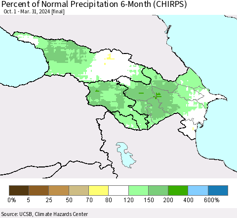 Azerbaijan, Armenia and Georgia Percent of Normal Precipitation 6-Month (CHIRPS) Thematic Map For 10/1/2023 - 3/31/2024