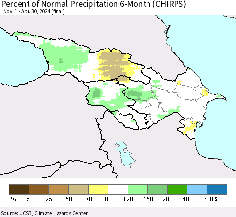 Azerbaijan, Armenia and Georgia Percent of Normal Precipitation 6-Month (CHIRPS) Thematic Map For 11/1/2023 - 4/30/2024