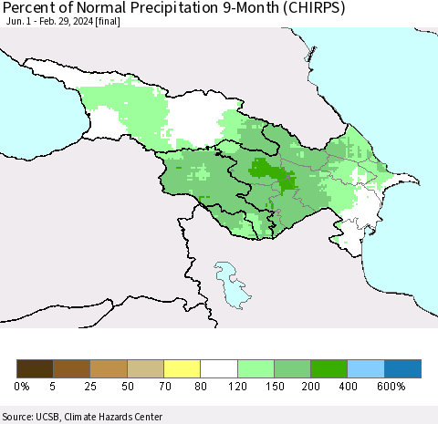 Azerbaijan, Armenia and Georgia Percent of Normal Precipitation 9-Month (CHIRPS) Thematic Map For 6/1/2023 - 2/29/2024