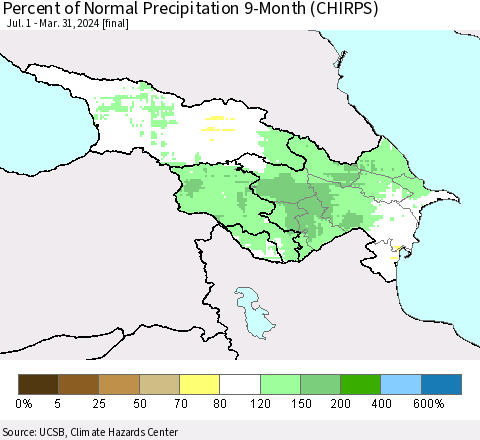 Azerbaijan, Armenia and Georgia Percent of Normal Precipitation 9-Month (CHIRPS) Thematic Map For 7/1/2023 - 3/31/2024