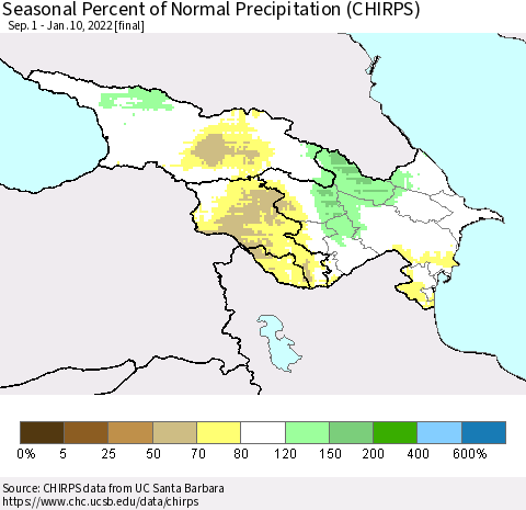Azerbaijan, Armenia and Georgia Seasonal Percent of Normal Precipitation (CHIRPS) Thematic Map For 9/1/2021 - 1/10/2022