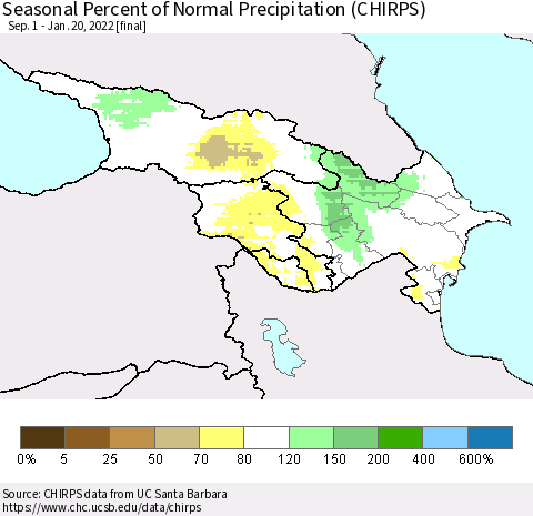 Azerbaijan, Armenia and Georgia Seasonal Percent of Normal Precipitation (CHIRPS) Thematic Map For 9/1/2021 - 1/20/2022