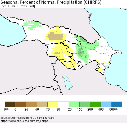 Azerbaijan, Armenia and Georgia Seasonal Percent of Normal Precipitation (CHIRPS) Thematic Map For 9/1/2021 - 1/31/2022