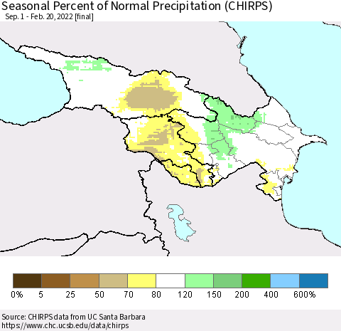 Azerbaijan, Armenia and Georgia Seasonal Percent of Normal Precipitation (CHIRPS) Thematic Map For 9/1/2021 - 2/20/2022