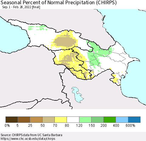Azerbaijan, Armenia and Georgia Seasonal Percent of Normal Precipitation (CHIRPS) Thematic Map For 9/1/2021 - 2/28/2022