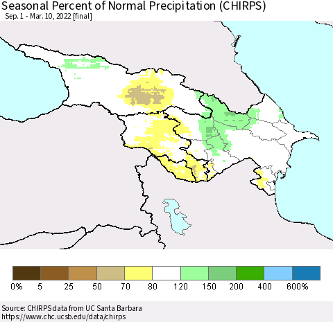 Azerbaijan, Armenia and Georgia Seasonal Percent of Normal Precipitation (CHIRPS) Thematic Map For 9/1/2021 - 3/10/2022