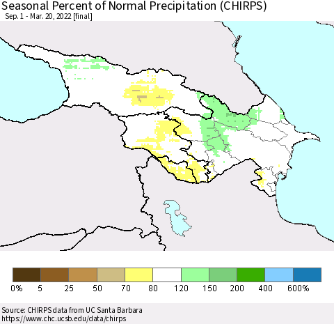 Azerbaijan, Armenia and Georgia Seasonal Percent of Normal Precipitation (CHIRPS) Thematic Map For 9/1/2021 - 3/20/2022