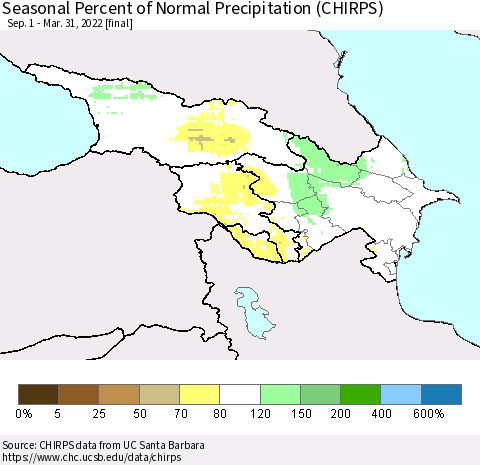 Azerbaijan, Armenia and Georgia Seasonal Percent of Normal Precipitation (CHIRPS) Thematic Map For 9/1/2021 - 3/31/2022