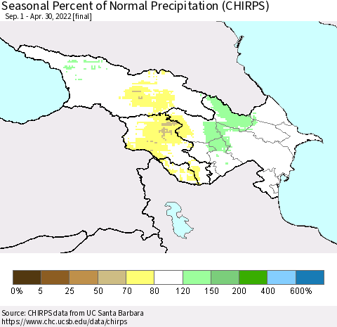 Azerbaijan, Armenia and Georgia Seasonal Percent of Normal Precipitation (CHIRPS) Thematic Map For 9/1/2021 - 4/30/2022