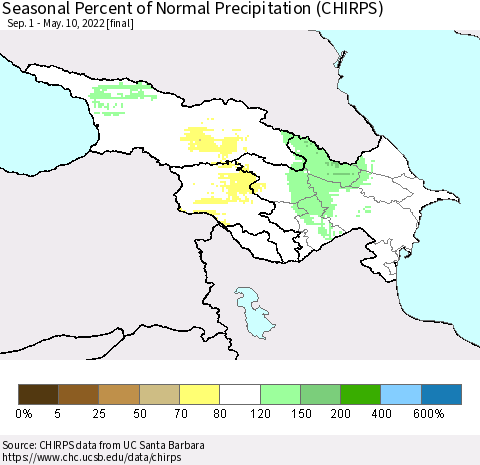 Azerbaijan, Armenia and Georgia Seasonal Percent of Normal Precipitation (CHIRPS) Thematic Map For 9/1/2021 - 5/10/2022