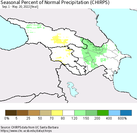 Azerbaijan, Armenia and Georgia Seasonal Percent of Normal Precipitation (CHIRPS) Thematic Map For 9/1/2021 - 5/20/2022