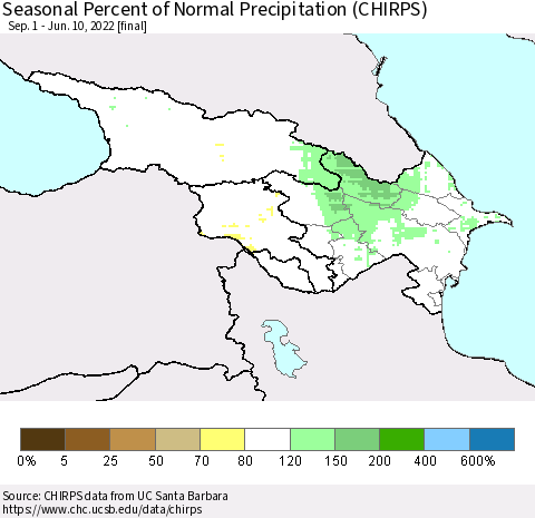 Azerbaijan, Armenia and Georgia Seasonal Percent of Normal Precipitation (CHIRPS) Thematic Map For 9/1/2021 - 6/10/2022