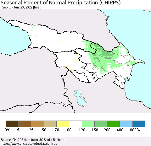 Azerbaijan, Armenia and Georgia Seasonal Percent of Normal Precipitation (CHIRPS) Thematic Map For 9/1/2021 - 6/20/2022