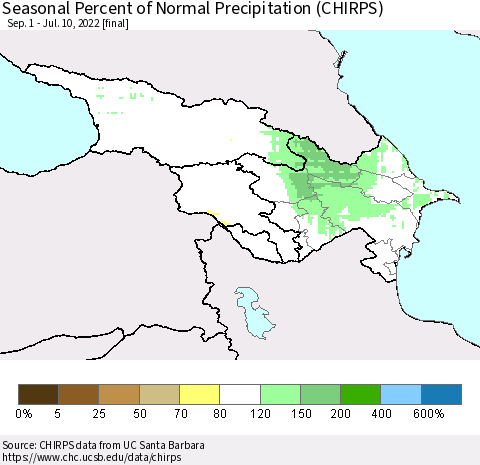 Azerbaijan, Armenia and Georgia Seasonal Percent of Normal Precipitation (CHIRPS) Thematic Map For 9/1/2021 - 7/10/2022