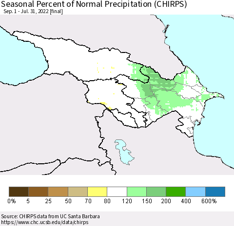 Azerbaijan, Armenia and Georgia Seasonal Percent of Normal Precipitation (CHIRPS) Thematic Map For 9/1/2021 - 7/31/2022