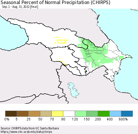 Azerbaijan, Armenia and Georgia Seasonal Percent of Normal Precipitation (CHIRPS) Thematic Map For 9/1/2021 - 8/31/2022