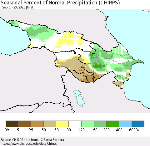 Azerbaijan, Armenia and Georgia Seasonal Percent of Normal Precipitation (CHIRPS) Thematic Map For 9/1/2021 - 9/20/2021