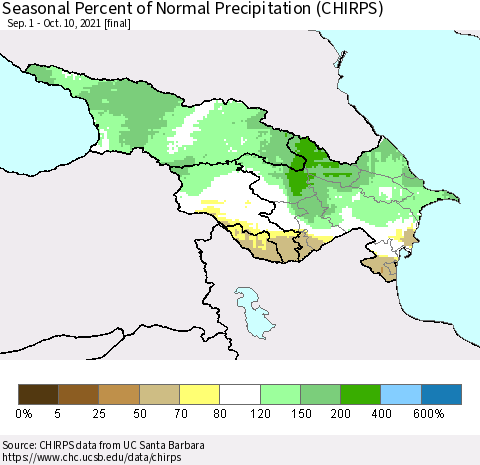 Azerbaijan, Armenia and Georgia Seasonal Percent of Normal Precipitation (CHIRPS) Thematic Map For 9/1/2021 - 10/10/2021