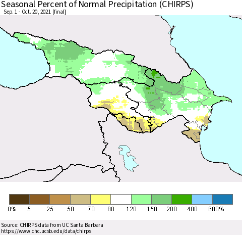 Azerbaijan, Armenia and Georgia Seasonal Percent of Normal Precipitation (CHIRPS) Thematic Map For 9/1/2021 - 10/20/2021