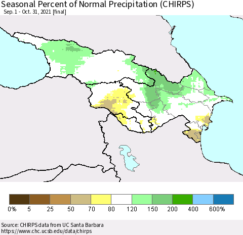 Azerbaijan, Armenia and Georgia Seasonal Percent of Normal Precipitation (CHIRPS) Thematic Map For 9/1/2021 - 10/31/2021