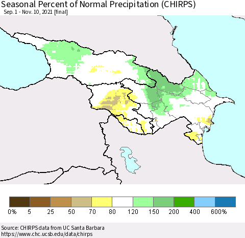 Azerbaijan, Armenia and Georgia Seasonal Percent of Normal Precipitation (CHIRPS) Thematic Map For 9/1/2021 - 11/10/2021