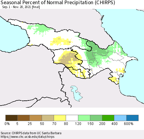 Azerbaijan, Armenia and Georgia Seasonal Percent of Normal Precipitation (CHIRPS) Thematic Map For 9/1/2021 - 11/20/2021