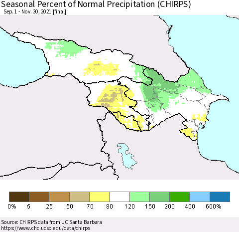 Azerbaijan, Armenia and Georgia Seasonal Percent of Normal Precipitation (CHIRPS) Thematic Map For 9/1/2021 - 11/30/2021