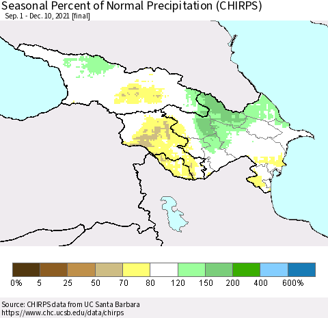 Azerbaijan, Armenia and Georgia Seasonal Percent of Normal Precipitation (CHIRPS) Thematic Map For 9/1/2021 - 12/10/2021