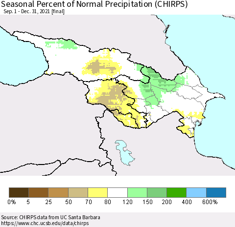 Azerbaijan, Armenia and Georgia Seasonal Percent of Normal Precipitation (CHIRPS) Thematic Map For 9/1/2021 - 12/31/2021