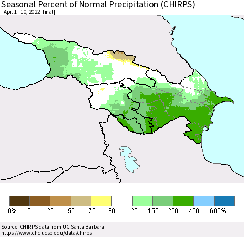 Azerbaijan, Armenia and Georgia Seasonal Percent of Normal Precipitation (CHIRPS) Thematic Map For 4/1/2022 - 4/10/2022