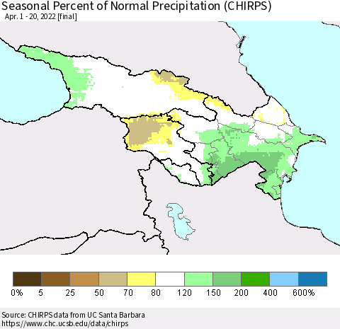 Azerbaijan, Armenia and Georgia Seasonal Percent of Normal Precipitation (CHIRPS) Thematic Map For 4/1/2022 - 4/20/2022