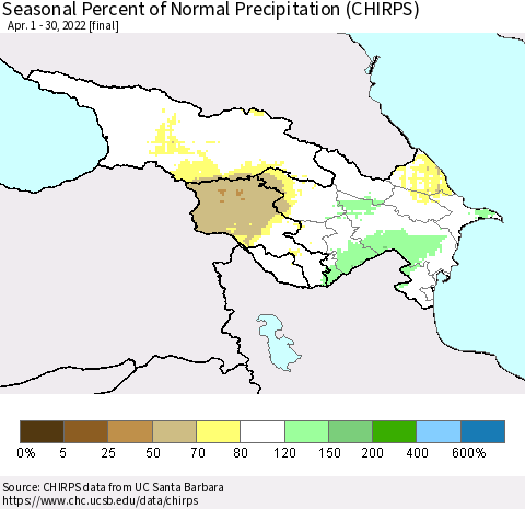 Azerbaijan, Armenia and Georgia Seasonal Percent of Normal Precipitation (CHIRPS) Thematic Map For 4/1/2022 - 4/30/2022