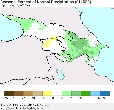 Azerbaijan, Armenia and Georgia Seasonal Percent of Normal Precipitation (CHIRPS) Thematic Map For 4/1/2022 - 5/10/2022