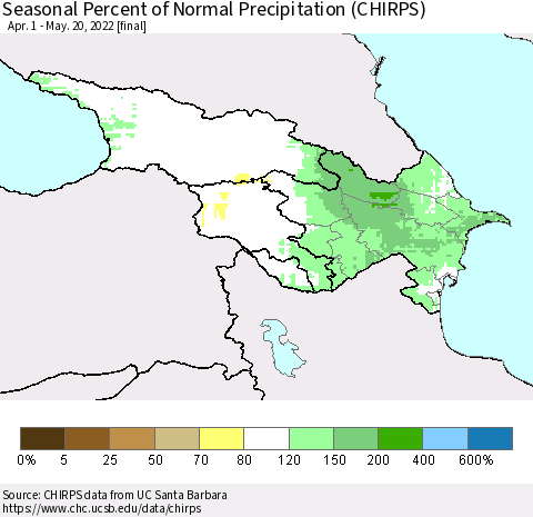 Azerbaijan, Armenia and Georgia Seasonal Percent of Normal Precipitation (CHIRPS) Thematic Map For 4/1/2022 - 5/20/2022
