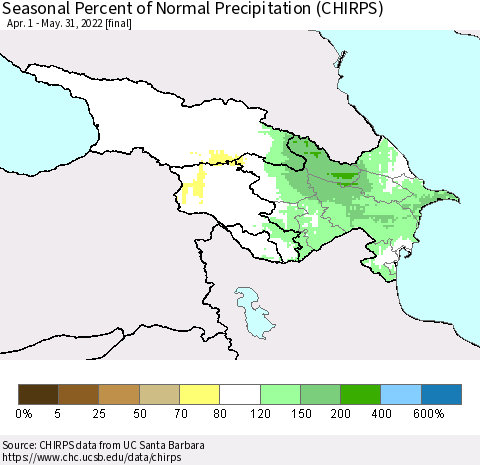 Azerbaijan, Armenia and Georgia Seasonal Percent of Normal Precipitation (CHIRPS) Thematic Map For 4/1/2022 - 5/31/2022