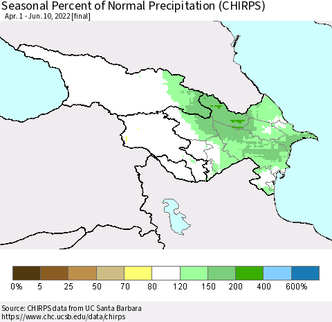 Azerbaijan, Armenia and Georgia Seasonal Percent of Normal Precipitation (CHIRPS) Thematic Map For 4/1/2022 - 6/10/2022