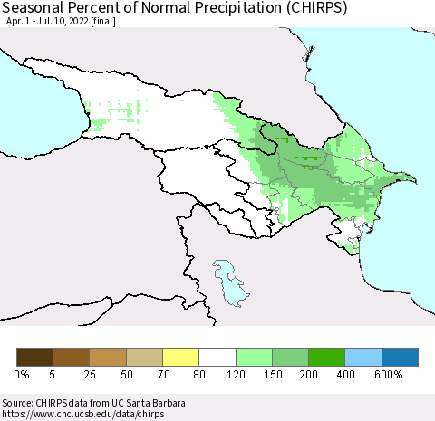 Azerbaijan, Armenia and Georgia Seasonal Percent of Normal Precipitation (CHIRPS) Thematic Map For 4/1/2022 - 7/10/2022