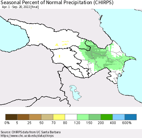 Azerbaijan, Armenia and Georgia Seasonal Percent of Normal Precipitation (CHIRPS) Thematic Map For 4/1/2022 - 9/20/2022
