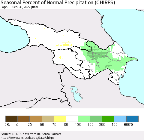 Azerbaijan, Armenia and Georgia Seasonal Percent of Normal Precipitation (CHIRPS) Thematic Map For 4/1/2022 - 9/30/2022