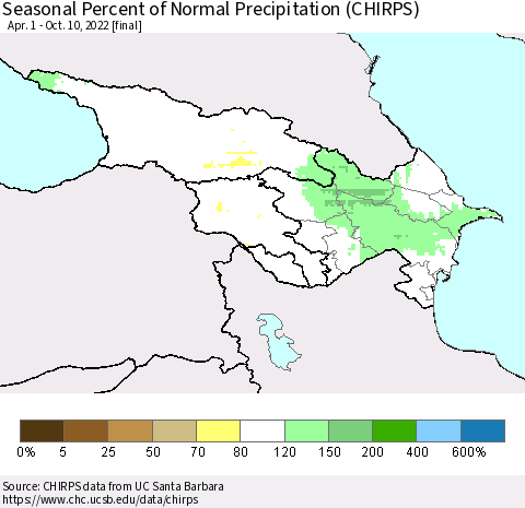 Azerbaijan, Armenia and Georgia Seasonal Percent of Normal Precipitation (CHIRPS) Thematic Map For 4/1/2022 - 10/10/2022