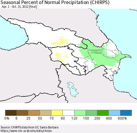Azerbaijan, Armenia and Georgia Seasonal Percent of Normal Precipitation (CHIRPS) Thematic Map For 4/1/2022 - 10/31/2022