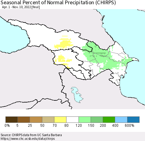 Azerbaijan, Armenia and Georgia Seasonal Percent of Normal Precipitation (CHIRPS) Thematic Map For 4/1/2022 - 11/10/2022